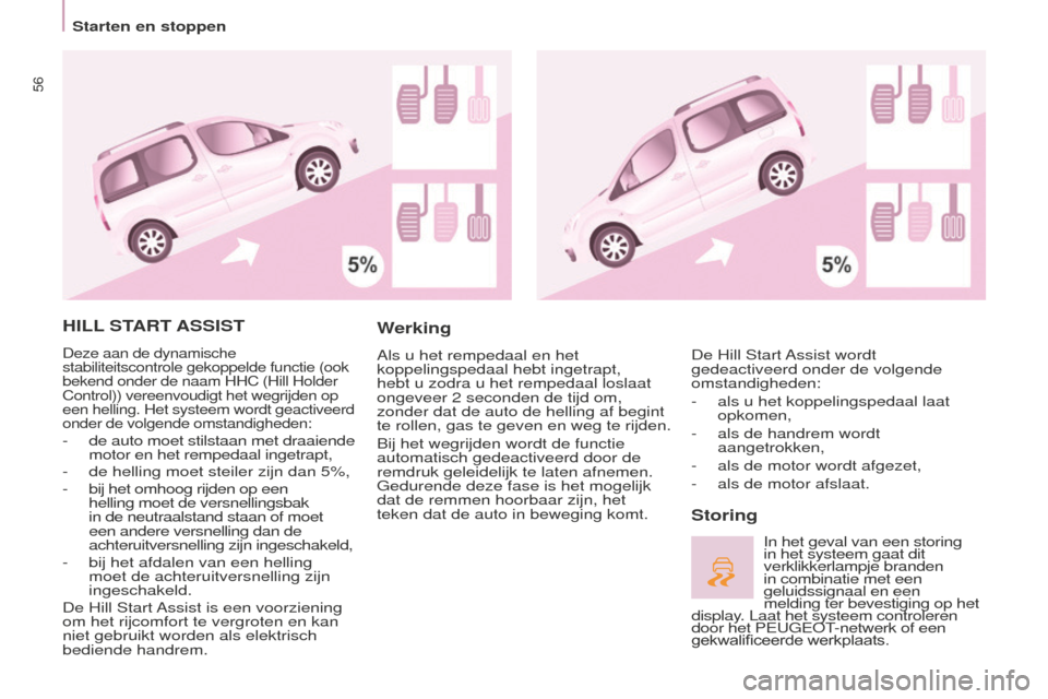 Peugeot Partner Tepee 2016 Handleiding (in Dutch) 56
Partner-2-VP_nl_Chap03_Pret-a-partir_ed02-2015
HILL START A SSIST
Deze aan de dynamische
stabiliteitscontrole gekoppelde functie (ook
bekend onder de naam HHC (Hill Holder
Control)) vereenvoudi Peugeot Partner Tepee 2016 Handleiding (in Dutch) 56
Partner-2-VP_nl_Chap03_Pret-a-partir_ed02-2015
HILL START A SSIST
Deze aan de dynamische
stabiliteitscontrole gekoppelde functie (ook
bekend onder de naam HHC (Hill Holder
Control)) vereenvoudi