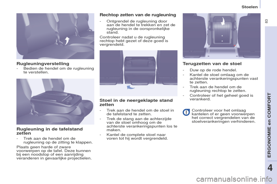 Peugeot Partner Tepee 2016 Handleiding (in Dutch) 83
PARTNER-2-VP_NL_CHAP04_ERGONOMIE_ED02-2015
Stoelen
Rugleuningverstelling
Rugleuning in de tafelstand
zetten Rechtop zetten van de rugleuning
Stoel in de neergeklapte stand
zetten Terugzetten van Peugeot Partner Tepee 2016 Handleiding (in Dutch) 83
PARTNER-2-VP_NL_CHAP04_ERGONOMIE_ED02-2015
Stoelen
Rugleuningverstelling
Rugleuning in de tafelstand
zetten Rechtop zetten van de rugleuning
Stoel in de neergeklapte stand
zetten Terugzetten van