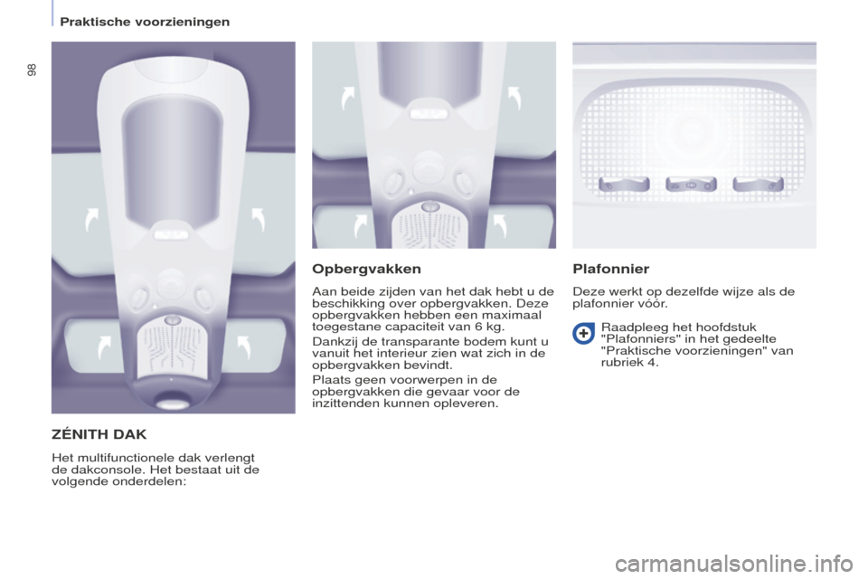 Peugeot Partner Tepee 2016  Handleiding (in Dutch) 98
PARTNER-2-VP_NL_CHAP04_ERGONOMIE_ED02-2015
ZéNITH DAk
Het multifunctionele dak verlengt 
de dakconsole. Het bestaat uit de 
volgende onderdelen:
Opbergvakken
Aan beide zijden van het dak hebt u de