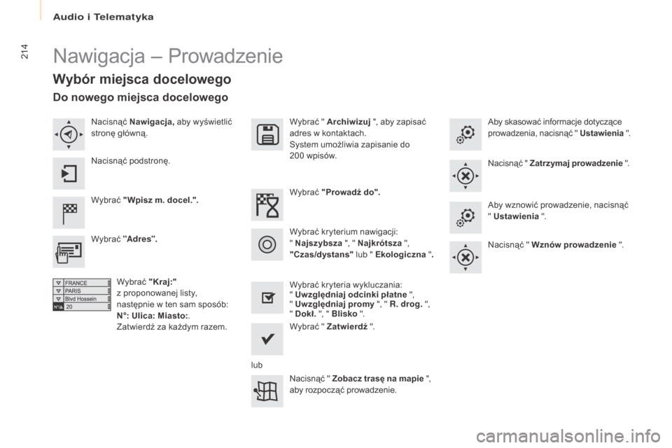 Peugeot Partner Tepee 2016  Instrukcja Obsługi (in Polish) 214
Partner-2-VP_pl_Chap10a_SMEgplus_ed02-2015
Nawigacja – Prowadzenie
Wybór miejsca docelowego
Wybrać  "Wpisz m. docel.". Wybrać " Archiwizuj
 ", aby zapisać 
adres w   kontaktach.
System umoż
