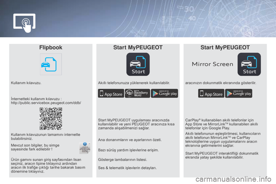 Peugeot Partner Tepee 2016  Kullanım Kılavuzu (in Turkish) StartStart
Mirror Screen
FlipbookStart MyPeugeot Start MyPeugeot
Kullanım kılavuzu. Akıllı telefonunuza yüklenerek kullanılabilir.aracınızın dokunmatik ekranında gösterilir.
Ses & telematik
