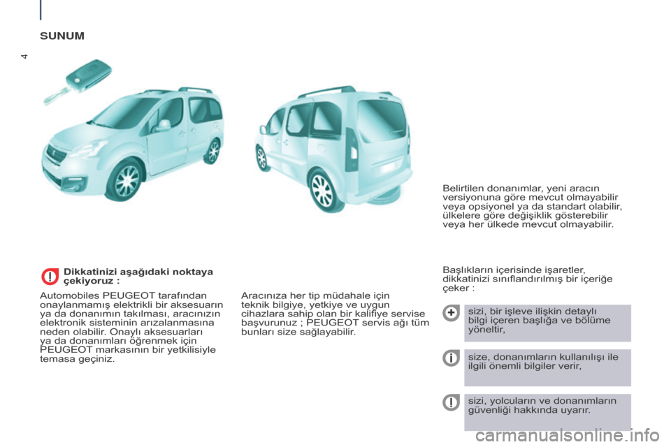Peugeot Partner Tepee 2016  Kullanım Kılavuzu (in Turkish) 4
SuNuM
Başlıkların içerisinde işaretler, 
dikkatinizi sınıflandırılmış bir içeriğe 
çeker  :
sizi, bir işleve ilişkin detaylı 
bilgi içeren başlığa ve bölüme 
yöneltir,
size, 