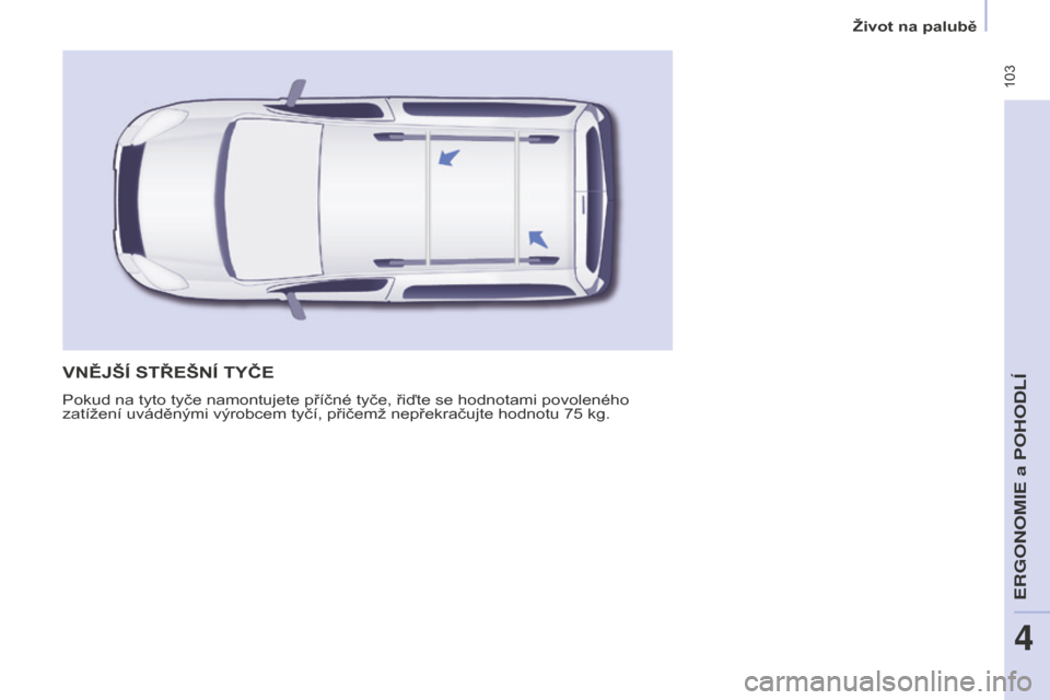 Peugeot Partner Tepee 2016  Návod k obsluze (in Czech)  103
PARTNER-2-VP_CS_CHAP04_ERGONOMIE_ED02-2015
VNĚJšÍ STŘEšNÍ TYČE
Pokud na tyto tyče namontujete příčné tyče, řiďte se hodnotami povoleného 
zatížení uváděnými výrobcem tyčí