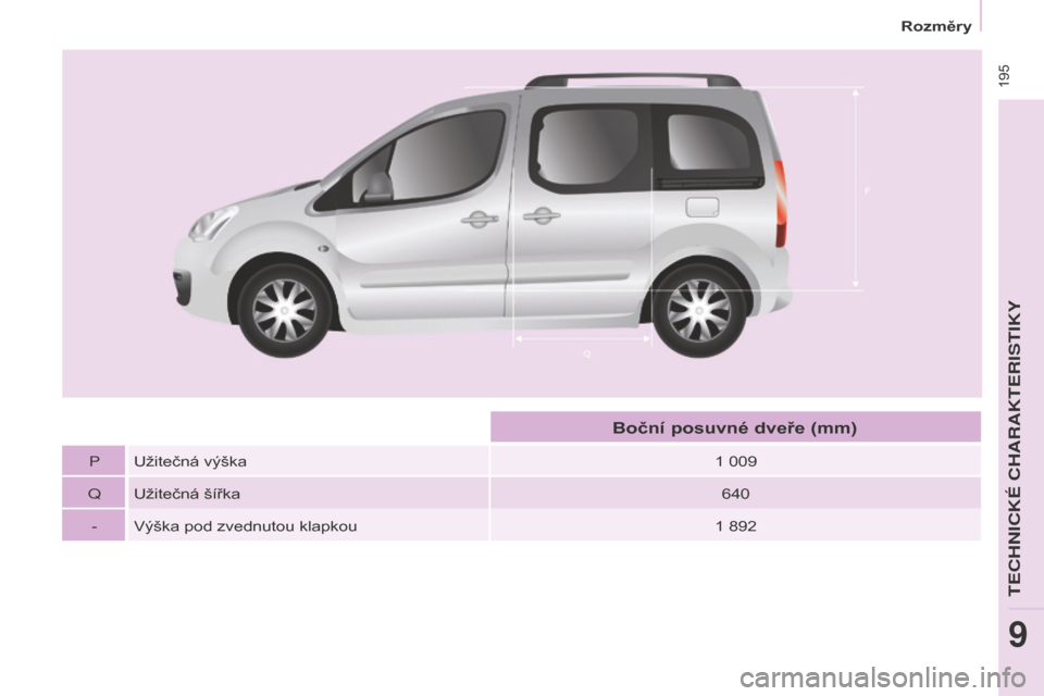 Peugeot Partner Tepee 2016  Návod k obsluze (in Czech)  195
Partner-2-VP_cs_Chap09_Caract-technique_ed02-2015
PUžitečná výška 1 009
Q Užitečná šířka 640
-
Výška pod zvednutou klapkou 1
 892
Boční posuvné dveře (mm) 
Rozměry
TECHNICK