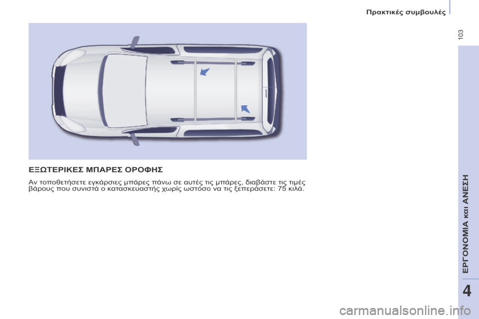 Peugeot Partner Tepee 2016 Εγχειρίδιο χρήσης (in Greek) 103
ΕΞΩΤΕΡΙΚΕΣ ΜΠΑΡΕΣ ΟΡΟΦΗΣ
Αν τοποθετήσετε εγκάρσιες μπάρες πάνω σε αυτές τις μπάρες, διαβάστε τις τιμές
βά Peugeot Partner Tepee 2016 Εγχειρίδιο χρήσης (in Greek) 103
ΕΞΩΤΕΡΙΚΕΣ ΜΠΑΡΕΣ ΟΡΟΦΗΣ
Αν τοποθετήσετε εγκάρσιες μπάρες πάνω σε αυτές τις μπάρες, διαβάστε τις τιμές
βά