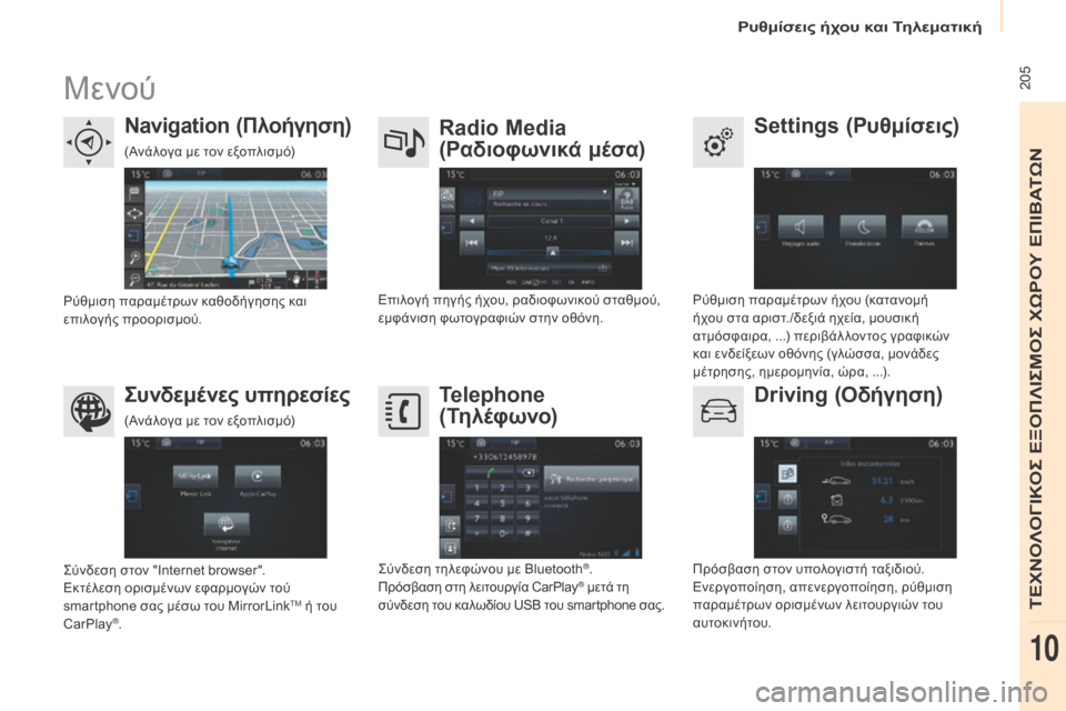 Peugeot Partner Tepee 2016 Εγχειρίδιο χρήσης (in Greek) 205Μενού
settings (Ρυθμίσεις)rad
io me
dia
(Ραδιοφωνικά μέσα)
Navigation (Πλοήγηση)
Driving (Οδήγηση)
Συνδεμένες υπηρεσίες Telephone
( Peugeot Partner Tepee 2016 Εγχειρίδιο χρήσης (in Greek) 205Μενού
settings (Ρυθμίσεις)rad
io me
dia
(Ραδιοφωνικά μέσα)
Navigation (Πλοήγηση)
Driving (Οδήγηση)
Συνδεμένες υπηρεσίες Telephone
(
