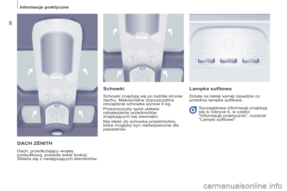 Peugeot Partner Tepee 2015.5  Instrukcja Obsługi (in Polish) 98
PARTNER-2-VP_PL_CHAP04_ERGONOMIE_ED02-2015PARTNER-2-VP_PL_CHAP04_ERGONOMIE_ED02-2015
DACH ZéNITH
Dach, przedłużający wnękę 
podsufitową, posiada wiele funkcji. 
Składa się z
 
następując