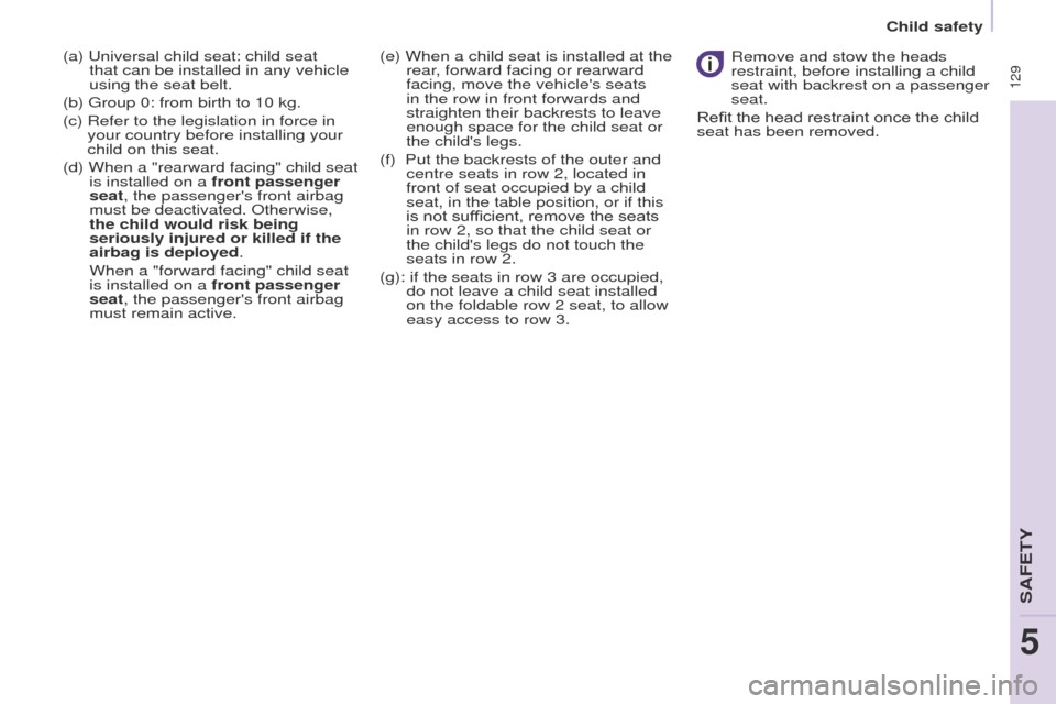 Peugeot Partner Tepee 2015  Owners Manual  129
Partner_2_VP_en_Chap05_Securite_ed02-2014
(a) universal child seat: child seat 
that can be installed in any vehicle 
using the seat belt.
(b) 
g roup 0: from birth to 10 kg.
(c) 
 
Refer to the 
