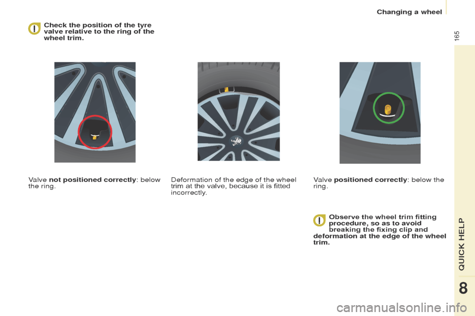 Peugeot Partner Tepee 2015 Owners Manual 165
Partner_2_VP_en_Chap08_Aide-rapide_ed02-2014
Check the position of the tyre
valve relative to the ring of the
wheel trim.
Valve not positioned correctly: below
the ring. Observe the wheel trim Peugeot Partner Tepee 2015 Owners Manual 165
Partner_2_VP_en_Chap08_Aide-rapide_ed02-2014
Check the position of the tyre
valve relative to the ring of the
wheel trim.
Valve not positioned correctly: below
the ring. Observe the wheel trim