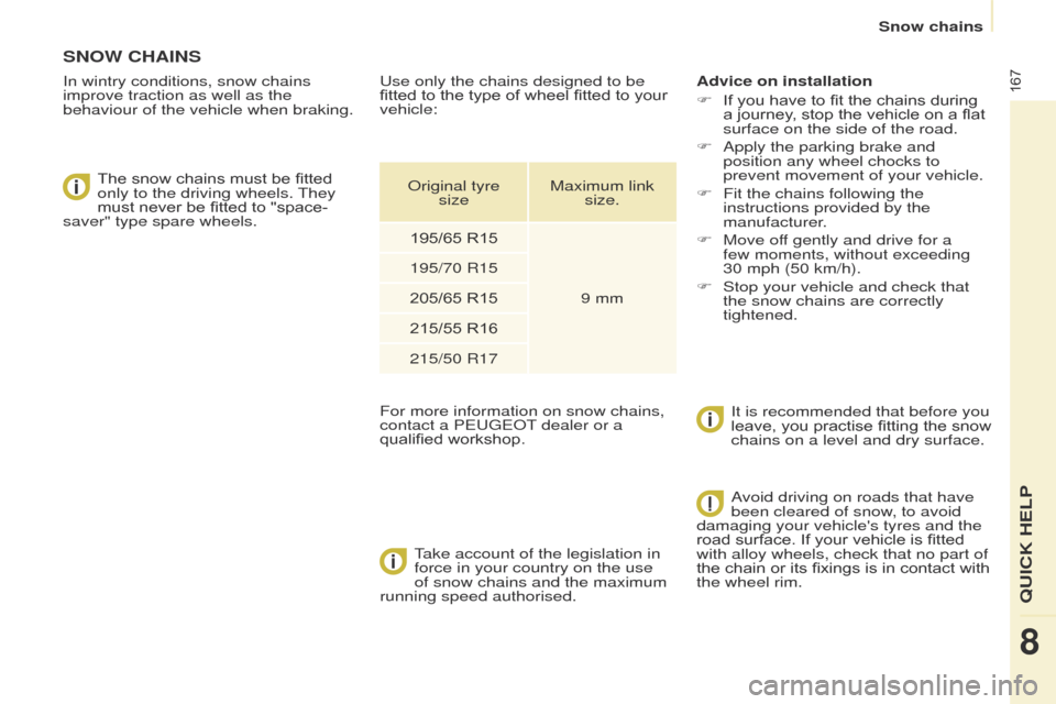 Peugeot Partner Tepee 2015  Owners Manual 167
Partner_2_VP_en_Chap08_Aide-rapide_ed02-2014
SNOW CHAINS
In wintry conditions, snow chains 
improve traction as well as the 
behaviour of the vehicle when braking.The snow chains must be fitted 
o