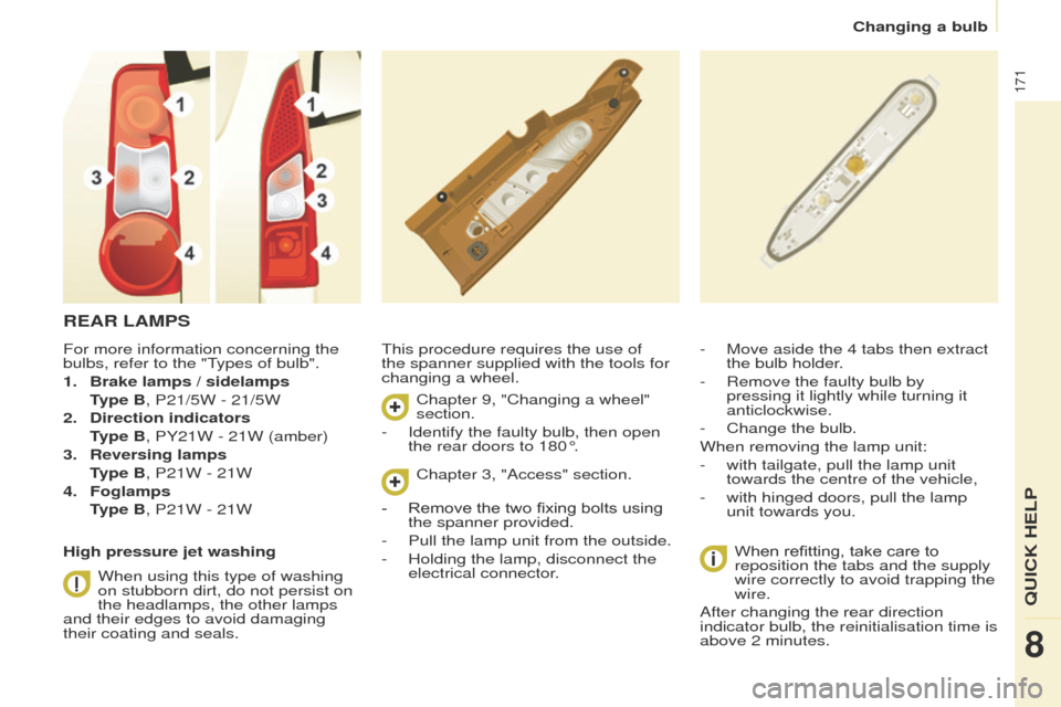 Peugeot Partner Tepee 2015 Owners Manual 171
Partner_2_VP_en_Chap08_Aide-rapide_ed02-2014
REAR LAMPS
this procedure requires the use of
the spanner supplied with the tools for
changing a wheel.
When refitting, take care to
reposition the Peugeot Partner Tepee 2015 Owners Manual 171
Partner_2_VP_en_Chap08_Aide-rapide_ed02-2014
REAR LAMPS
this procedure requires the use of
the spanner supplied with the tools for
changing a wheel.
When refitting, take care to
reposition the