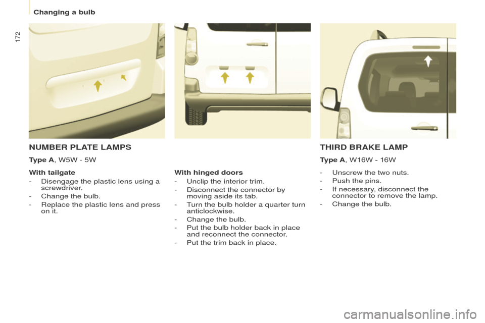 Peugeot Partner Tepee 2015 Owners Manual 172
Partner_2_VP_en_Chap08_Aide-rapide_ed02-2014
NUMBER PLATE LAMPS
- unscrew the two nuts.
-
Push the pins.
-
If necessary
, disconnect the
connector to remove the lamp.
-
Change the bulb.
Peugeot Partner Tepee 2015 Owners Manual 172
Partner_2_VP_en_Chap08_Aide-rapide_ed02-2014
NUMBER PLATE LAMPS
- unscrew the two nuts.
-
Push the pins.
-
If necessary
, disconnect the
connector to remove the lamp.
-
Change the bulb.
