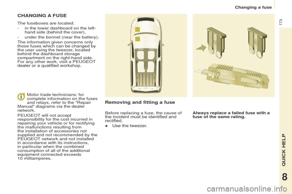 Peugeot Partner Tepee 2015  Owners Manual 173
Partner_2_VP_en_Chap08_Aide-rapide_ed02-2014
CHANGING A FUSE
the fuseboxes are located:
-  
in the lower dashboard on the left-
hand side (behind the cover),
-

 
under the bonnet (near the batter