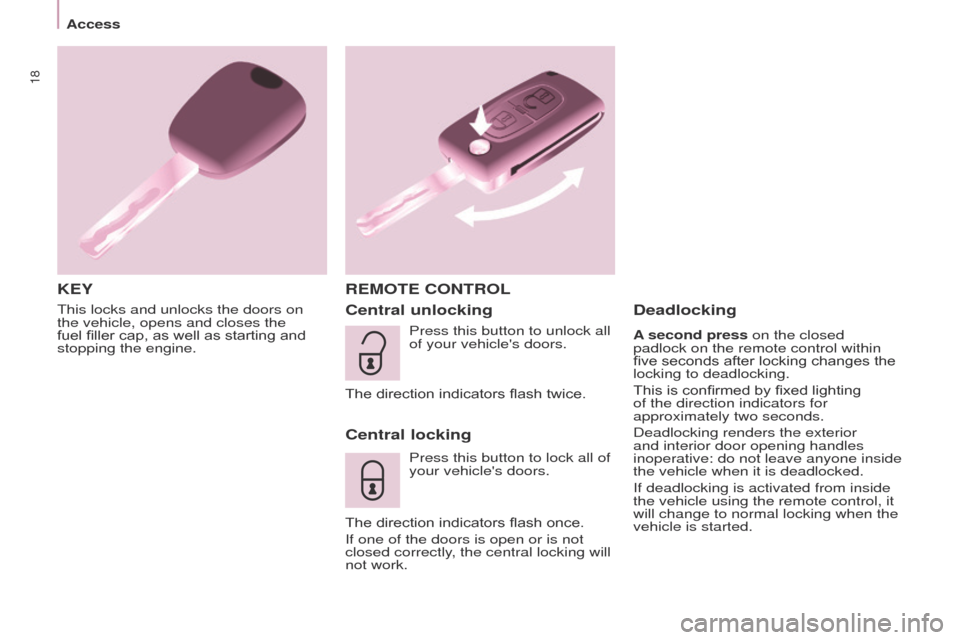 Peugeot Partner Tepee 2015  Owners Manual 18
Partner_2_VP_en_Chap03_Pret-a-partir_ed02-2014
this locks and unlocks the doors on 
the vehicle, opens and closes the 
fuel filler cap, as well as starting and 
stopping the engine.
KEY REMOTE CONT