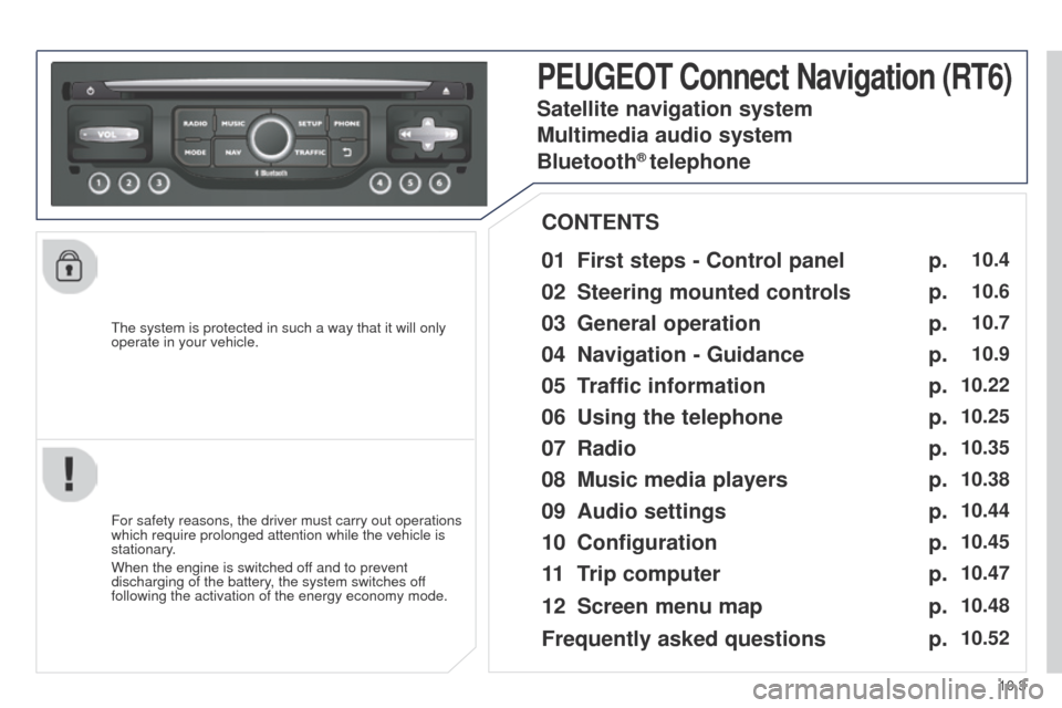 Peugeot Partner Tepee 2015 Owners Manual 10.3
Partner_2_VP_en_Chap10b_RT6-2-8_ed02-2014
the system is protected in such a way that it will only
operate in your vehicle.
PEUGEOT Connect Navigation (RT6)
01 First steps - Control panel
For s Peugeot Partner Tepee 2015 Owners Manual 10.3
Partner_2_VP_en_Chap10b_RT6-2-8_ed02-2014
the system is protected in such a way that it will only
operate in your vehicle.
PEUGEOT Connect Navigation (RT6)
01 First steps - Control panel
For s