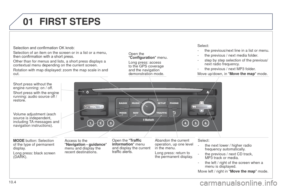 Peugeot Partner Tepee 2015  Owners Manual 01
10.4
Partner_2_VP_en_Chap10b_RT6-2-8_ed02-2014
Select:
- 
the next lower / higher radio 
frequency automatically

.
-
 
the previous / next CD track, 
MP3

  track or media.
-
 
the left / right of