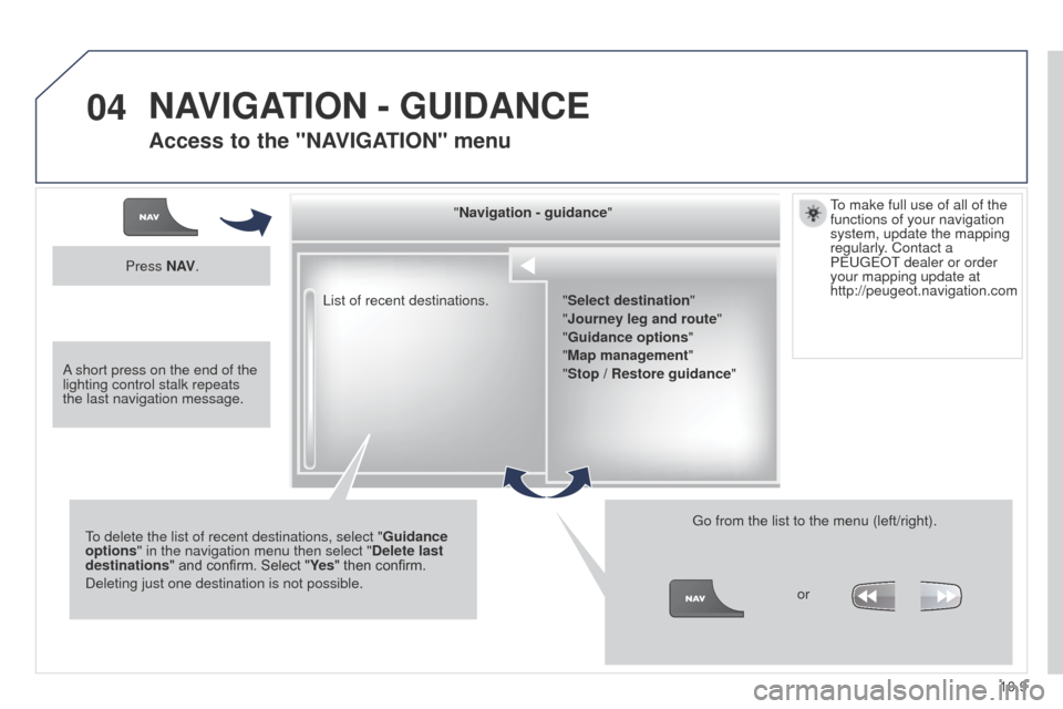 Peugeot Partner Tepee 2015 Owners Manual 04
10.9
Partner_2_VP_en_Chap10b_RT6-2-8_ed02-2014
List of recent destinations."Navigation - guidance
"
to delete the list of recent destinations, select " Guidance
options " in the navigation menu th Peugeot Partner Tepee 2015 Owners Manual 04
10.9
Partner_2_VP_en_Chap10b_RT6-2-8_ed02-2014
List of recent destinations."Navigation - guidance
"
to delete the list of recent destinations, select " Guidance
options " in the navigation menu th