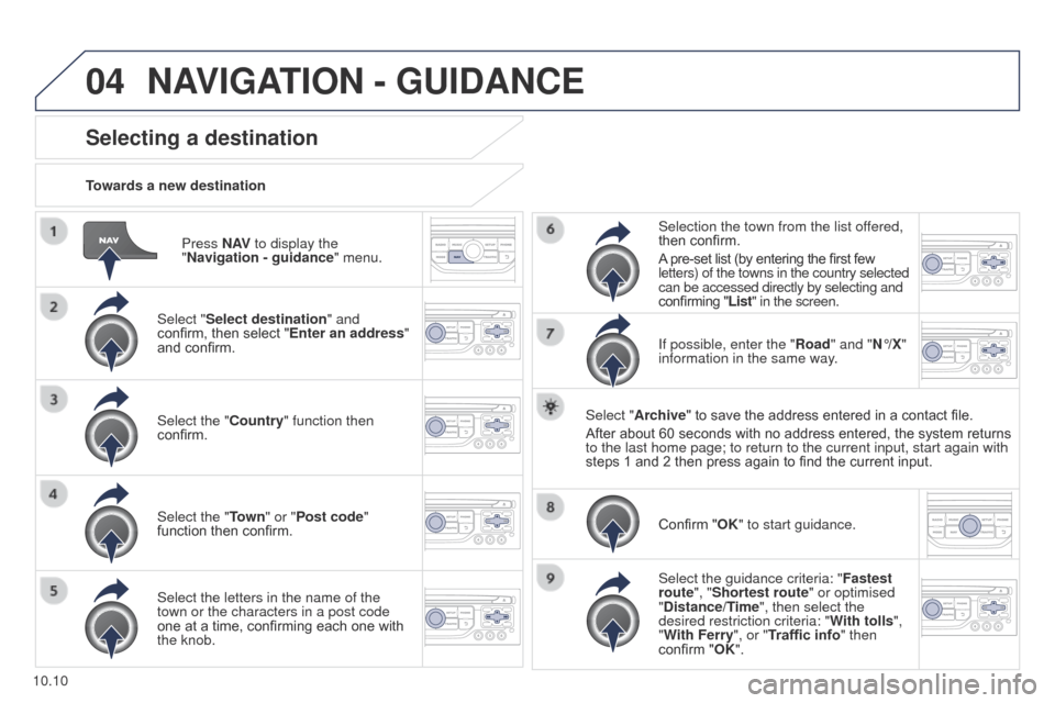 Peugeot Partner Tepee 2015 Owners Manual 04
10.10
Partner_2_VP_en_Chap10b_RT6-2-8_ed02-2014
Press N AV to display the
"Navigation - guidance " menu.
Towards a new destination
Selecting a destination
Select "Select destination" and
confirm, Peugeot Partner Tepee 2015 Owners Manual 04
10.10
Partner_2_VP_en_Chap10b_RT6-2-8_ed02-2014
Press N AV to display the
"Navigation - guidance " menu.
Towards a new destination
Selecting a destination
Select "Select destination" and
confirm,