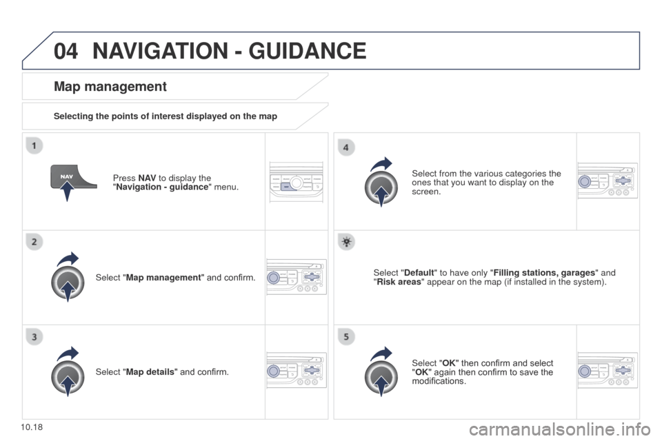 Peugeot Partner Tepee 2015 Owners Manual 04
10.18
Partner_2_VP_en_Chap10b_RT6-2-8_ed02-2014
Press N AV to display the
"Navigation - guidance " menu.
Map management
Selecting the points of interest displayed on the map
Select "Map management Peugeot Partner Tepee 2015 Owners Manual 04
10.18
Partner_2_VP_en_Chap10b_RT6-2-8_ed02-2014
Press N AV to display the
"Navigation - guidance " menu.
Map management
Selecting the points of interest displayed on the map
Select "Map management