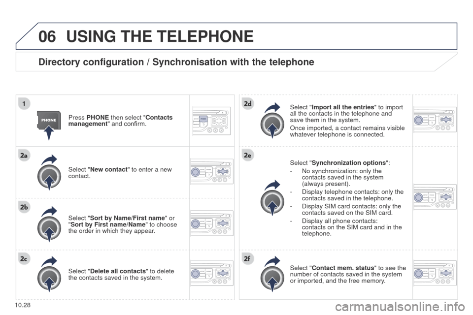 Peugeot Partner Tepee 2015 Owners Manual 06
10.28
Partner_2_VP_en_Chap10b_RT6-2-8_ed02-2014
USING THE TELEPHONE
Directory configuration / Synchronisation with the telephone
Press PHONE then select "Contacts
management" and confirm.
Select " Peugeot Partner Tepee 2015 Owners Manual 06
10.28
Partner_2_VP_en_Chap10b_RT6-2-8_ed02-2014
USING THE TELEPHONE
Directory configuration / Synchronisation with the telephone
Press PHONE then select "Contacts
management" and confirm.
Select "