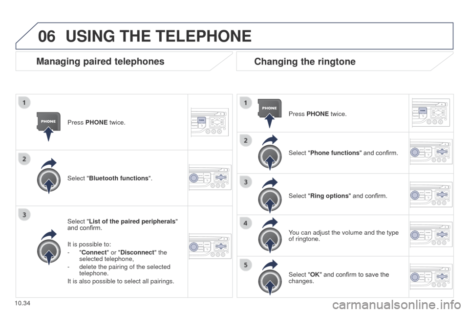 Peugeot Partner Tepee 2015  Owners Manual 06
10.34
Partner_2_VP_en_Chap10b_RT6-2-8_ed02-2014
Press PHONE twice.
Select "List of the paired peripherals" 
and confirm.
It is possible to:
-
  "Connect" or "Disconnect" the 
selected telephone,
-
