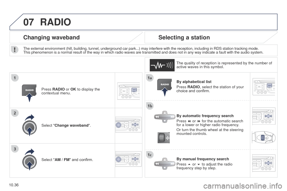 Peugeot Partner Tepee 2015  Owners Manual 07
10.36
Partner_2_VP_en_Chap10b_RT6-2-8_ed02-2014
By alphabetical list
Press RADIO, select the station of your 
choice and confirm.
By automatic frequency search
Press 7 or 8 for the automatic search