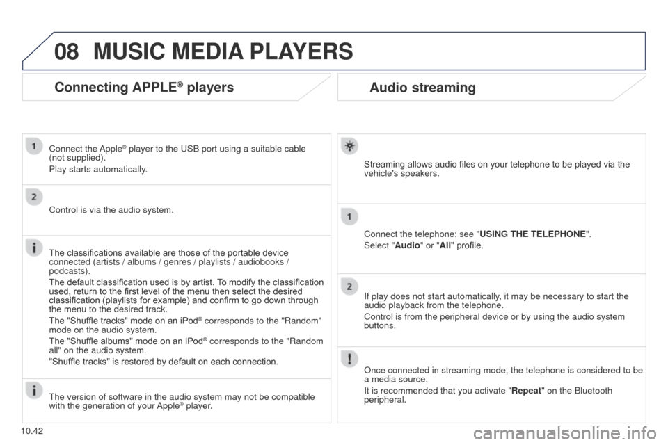 Peugeot Partner Tepee 2015 Owners Manual 08
10.42
Partner_2_VP_en_Chap10b_RT6-2-8_ed02-2014
Audio streaming
Streaming allows audio files on your telephone to be played via the
vehicles speakers.
Connect the telephone: see "USING THE TELEPH Peugeot Partner Tepee 2015 Owners Manual 08
10.42
Partner_2_VP_en_Chap10b_RT6-2-8_ed02-2014
Audio streaming
Streaming allows audio files on your telephone to be played via the
vehicles speakers.
Connect the telephone: see "USING THE TELEPH