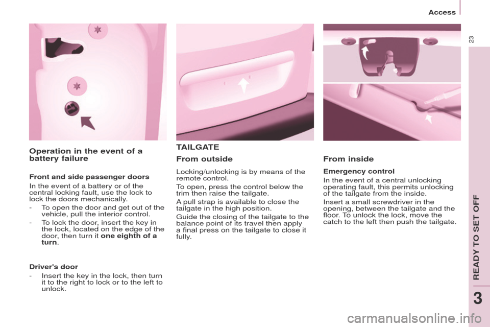 Peugeot Partner Tepee 2015  Owners Manual 23
Partner_2_VP_en_Chap03_Pret-a-partir_ed02-2014
Operation in the event of a 
battery failure
Front and side passenger doors
In the event of a battery or of the 
central locking fault, use the lock t