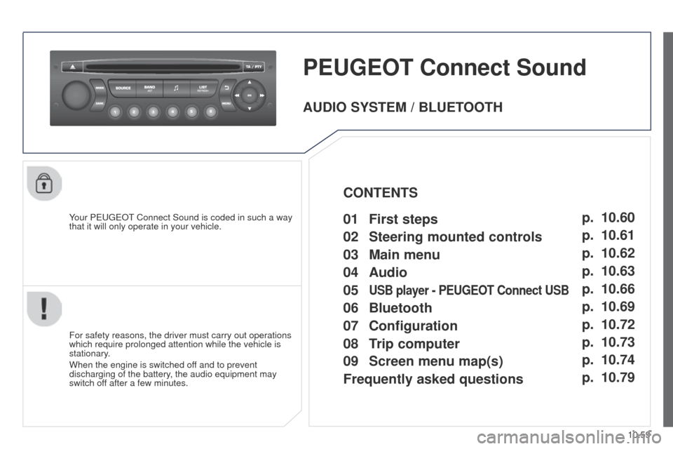 Peugeot Partner Tepee 2015 Owners Manual 10.59
Partner_2_VP_en_Chap10c_RD45_ed02_2014
PEUGEOT Connect Sound
Your PeugeOt Connect Sound is coded in such a way
that it will only operate in your vehicle.
For safety reasons, the driver must car Peugeot Partner Tepee 2015 Owners Manual 10.59
Partner_2_VP_en_Chap10c_RD45_ed02_2014
PEUGEOT Connect Sound
Your PeugeOt Connect Sound is coded in such a way
that it will only operate in your vehicle.
For safety reasons, the driver must car