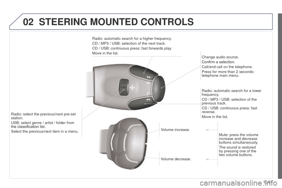 Peugeot Partner Tepee 2015 Owners Manual 02
10.61
Partner_2_VP_en_Chap10c_RD45_ed02_2014
STEERING MOUNTED CONTROLS
Radio: automatic search for a higher frequency.
CD / MP3 / u SB: selection of the next track.
CD /
u SB: continuous press: fa Peugeot Partner Tepee 2015 Owners Manual 02
10.61
Partner_2_VP_en_Chap10c_RD45_ed02_2014
STEERING MOUNTED CONTROLS
Radio: automatic search for a higher frequency.
CD / MP3 / u SB: selection of the next track.
CD /
u SB: continuous press: fa