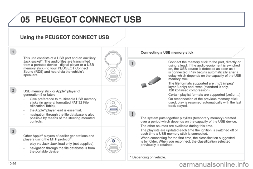 Peugeot Partner Tepee 2015 Owners Manual 05
10.66
Partner_2_VP_en_Chap10c_RD45_ed02_2014
PEUGEOT CONNECT USB
the system puts together playlists (temporary memory) created
over a period which depends on the capacity of the u SB device.
t
h Peugeot Partner Tepee 2015 Owners Manual 05
10.66
Partner_2_VP_en_Chap10c_RD45_ed02_2014
PEUGEOT CONNECT USB
the system puts together playlists (temporary memory) created
over a period which depends on the capacity of the u SB device.
t
h