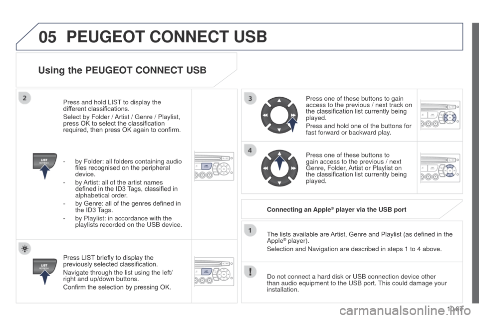 Peugeot Partner Tepee 2015 Owners Manual 05
10.67
Partner_2_VP_en_Chap10c_RD45_ed02_2014
Using the PEUGEOT CONNECT USB
Press LIST briefly to display the
previously selected classification.
Navigate through the list using the left/
right and Peugeot Partner Tepee 2015 Owners Manual 05
10.67
Partner_2_VP_en_Chap10c_RD45_ed02_2014
Using the PEUGEOT CONNECT USB
Press LIST briefly to display the
previously selected classification.
Navigate through the list using the left/
right and