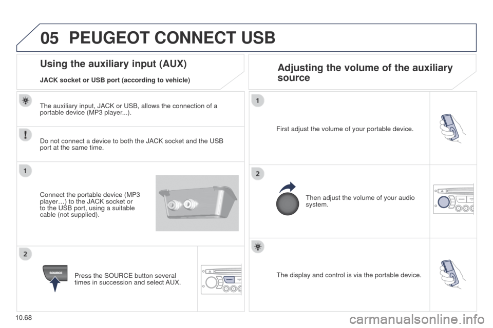 Peugeot Partner Tepee 2015 Owners Manual 05
10.68
Partner_2_VP_en_Chap10c_RD45_ed02_2014
the display and control is via the portable device.
First adjust the volume of your portable device.
t
hen adjust the volume of your audio
system.
Usi Peugeot Partner Tepee 2015 Owners Manual 05
10.68
Partner_2_VP_en_Chap10c_RD45_ed02_2014
the display and control is via the portable device.
First adjust the volume of your portable device.
t
hen adjust the volume of your audio
system.
Usi