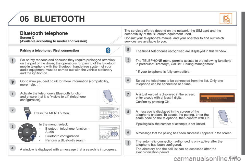 Peugeot Partner Tepee 2015 Service Manual 06
10.69
Partner_2_VP_en_Chap10c_RD45_ed02_2014
BLUETOOTH
For safety reasons and because they require prolonged attention 
on the part of the driver, the operations for pairing of the Bluetooth 
mobil