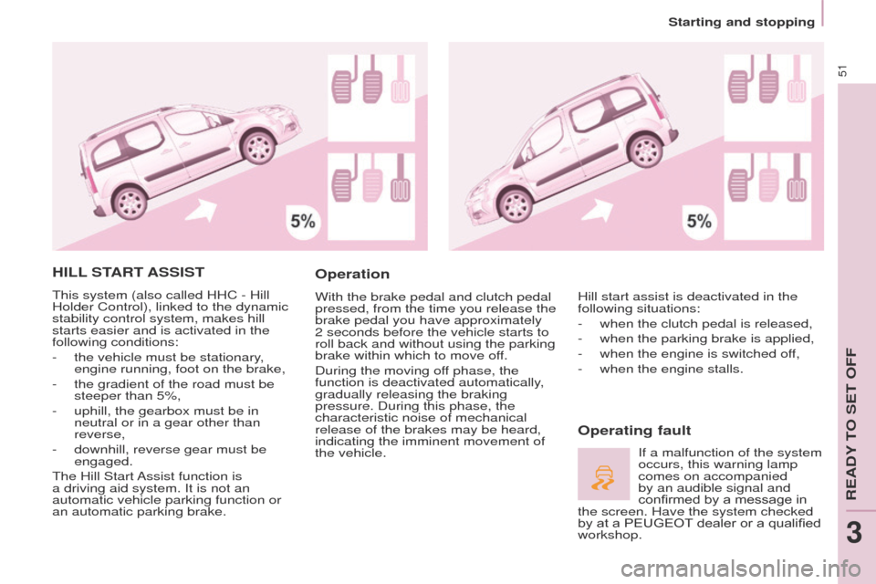 Peugeot Partner Tepee 2015 Workshop Manual 51
Partner_2_VP_en_Chap03_Pret-a-partir_ed02-2014
HILL START ASSIST
this system (also called HHC - Hill
Holder Control), linked to the dynamic
stability control system, makes hill
starts easier an Peugeot Partner Tepee 2015 Workshop Manual 51
Partner_2_VP_en_Chap03_Pret-a-partir_ed02-2014
HILL START ASSIST
this system (also called HHC - Hill
Holder Control), linked to the dynamic
stability control system, makes hill
starts easier an