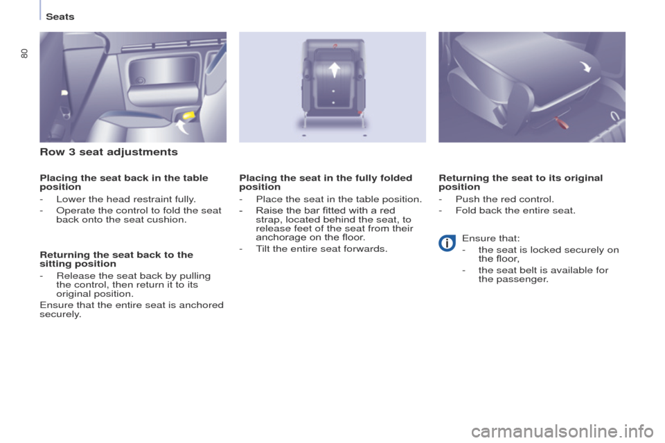 Peugeot Partner Tepee 2015 Manual Online 80
Partner_2_VP_en_Chap04_ergonomie_ed02-2014
Row 3 seat adjustments
Placing the seat back in the table
position
-
Lower the head restraint fully
.
-
Operate the control to fold the seat
back on Peugeot Partner Tepee 2015 Manual Online 80
Partner_2_VP_en_Chap04_ergonomie_ed02-2014
Row 3 seat adjustments
Placing the seat back in the table
position
-
Lower the head restraint fully
.
-
Operate the control to fold the seat
back on