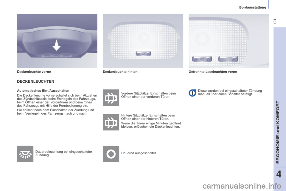 Peugeot Partner Tepee 2015 Betriebsanleitung (in German) 101
Partner-2-VP_de_Chap04_Ergonomie_ed01-2015Partner-2-VP_de_Chap04_Ergonomie_ed01-2015
Automatisches Ein-/Ausschalten
Die Deckenleuchte vorne schaltet sich beim Abziehen
des Zündschlüssels, beim Peugeot Partner Tepee 2015 Betriebsanleitung (in German) 101
Partner-2-VP_de_Chap04_Ergonomie_ed01-2015Partner-2-VP_de_Chap04_Ergonomie_ed01-2015
Automatisches Ein-/Ausschalten
Die Deckenleuchte vorne schaltet sich beim Abziehen
des Zündschlüssels, beim