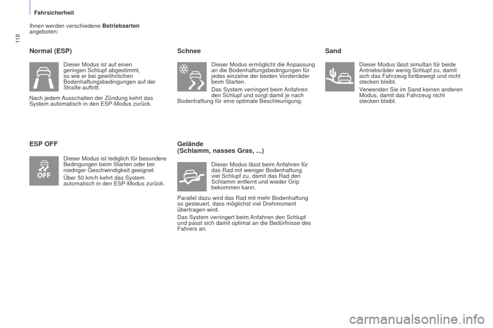 Peugeot Partner Tepee 2015 Betriebsanleitung (in German) 11 8
Partner-2-VP_de_Chap05_Securite_ed01-2015
Ihnen werden verschiedene Betriebsarten
angeboten:
Normal (ESP)
ESP OFF Schnee
Dieser Modus ermöglicht die Anpassung
an die Bodenhaftungsbedingungen f Peugeot Partner Tepee 2015 Betriebsanleitung (in German) 11 8
Partner-2-VP_de_Chap05_Securite_ed01-2015
Ihnen werden verschiedene Betriebsarten
angeboten:
Normal (ESP)
ESP OFF Schnee
Dieser Modus ermöglicht die Anpassung
an die Bodenhaftungsbedingungen f