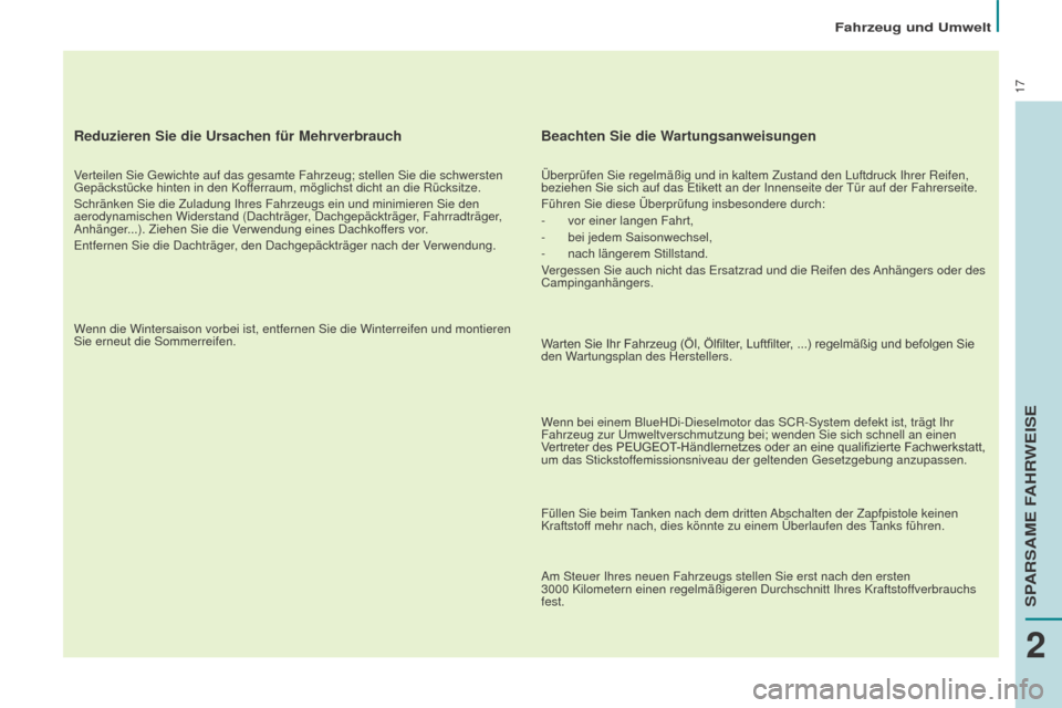 Peugeot Partner Tepee 2015 Betriebsanleitung (in German) 17
Partner-2-VP_de_Chap02_eco-conduite_ed01-2015
Reduzieren Sie die Ursachen für Mehrverbrauch
Verteilen Sie Gewichte auf das gesamte Fahrzeug; stellen Sie die schwerst\
en
Gepäckstücke hinten in Peugeot Partner Tepee 2015 Betriebsanleitung (in German) 17
Partner-2-VP_de_Chap02_eco-conduite_ed01-2015
Reduzieren Sie die Ursachen für Mehrverbrauch
Verteilen Sie Gewichte auf das gesamte Fahrzeug; stellen Sie die schwerst\
en
Gepäckstücke hinten in
