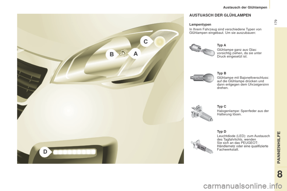 Peugeot Partner Tepee 2015  Betriebsanleitung (in German) 179
Partner-2-VP_de_Chap08_Aide-rapide_ed01-2015Partner-2-VP_de_Chap08_Aide-rapide_ed01-2015
AUSTUASCH DER GLÜHLAMPEN
Typ A
Glühlampe ganz aus Glas: 
vorsichtig ziehen, da sie unter 
Druck eingesetz