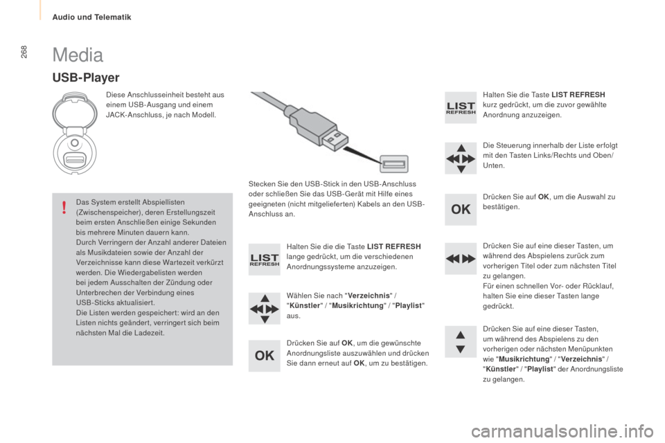 Peugeot Partner Tepee 2015 Betriebsanleitung (in German) 268
Partner-2-VP_de_Chap10b_RD45_ed01-2015
Media
USB- Player
Diese Anschlusseinheit besteht aus
einem USB-Ausgang und einem
JACK-Anschluss, je nach Modell.Stecken Sie den USB-Stick in den USB-Anschl Peugeot Partner Tepee 2015 Betriebsanleitung (in German) 268
Partner-2-VP_de_Chap10b_RD45_ed01-2015
Media
USB- Player
Diese Anschlusseinheit besteht aus
einem USB-Ausgang und einem
JACK-Anschluss, je nach Modell.Stecken Sie den USB-Stick in den USB-Anschl