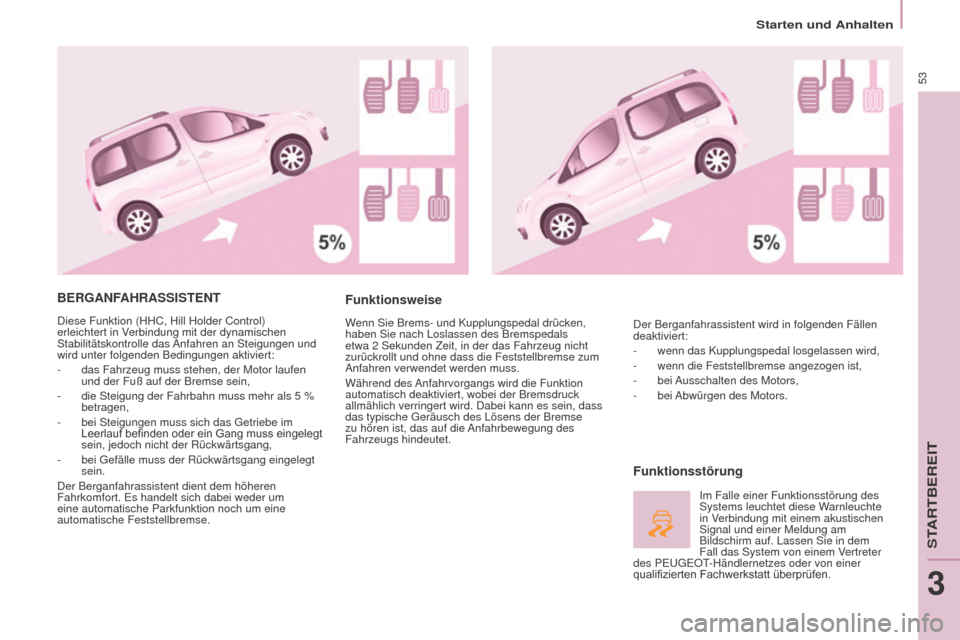 Peugeot Partner Tepee 2015 Betriebsanleitung (in German) 53
Partner-2-VP_de_Chap03_Pret-a-partir_ed01-2015Partner-2-VP_de_Chap03_Pret-a-partir_ed01-2015
BERGANFAHRASSISTENT
Diese Funktion (HHC, Hill Holder Control)
erleichtert in Verbindung mit der dynamis Peugeot Partner Tepee 2015 Betriebsanleitung (in German) 53
Partner-2-VP_de_Chap03_Pret-a-partir_ed01-2015Partner-2-VP_de_Chap03_Pret-a-partir_ed01-2015
BERGANFAHRASSISTENT
Diese Funktion (HHC, Hill Holder Control)
erleichtert in Verbindung mit der dynamis