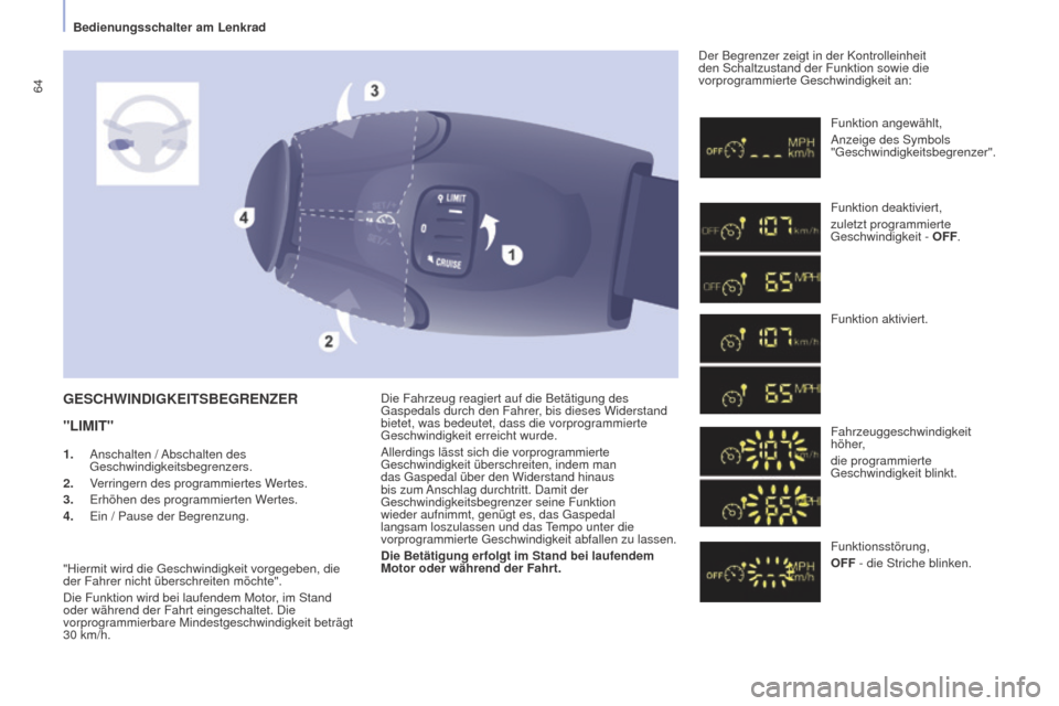 Peugeot Partner Tepee 2015  Betriebsanleitung (in German) 64
Partner-2-VP_de_Chap04_Ergonomie_ed01-2015
Die Fahrzeug reagiert auf die Betätigung des 
Gaspedals durch den Fahrer, bis dieses Widerstand 
bietet, was bedeutet, dass die vorprogrammierte 
Geschwi