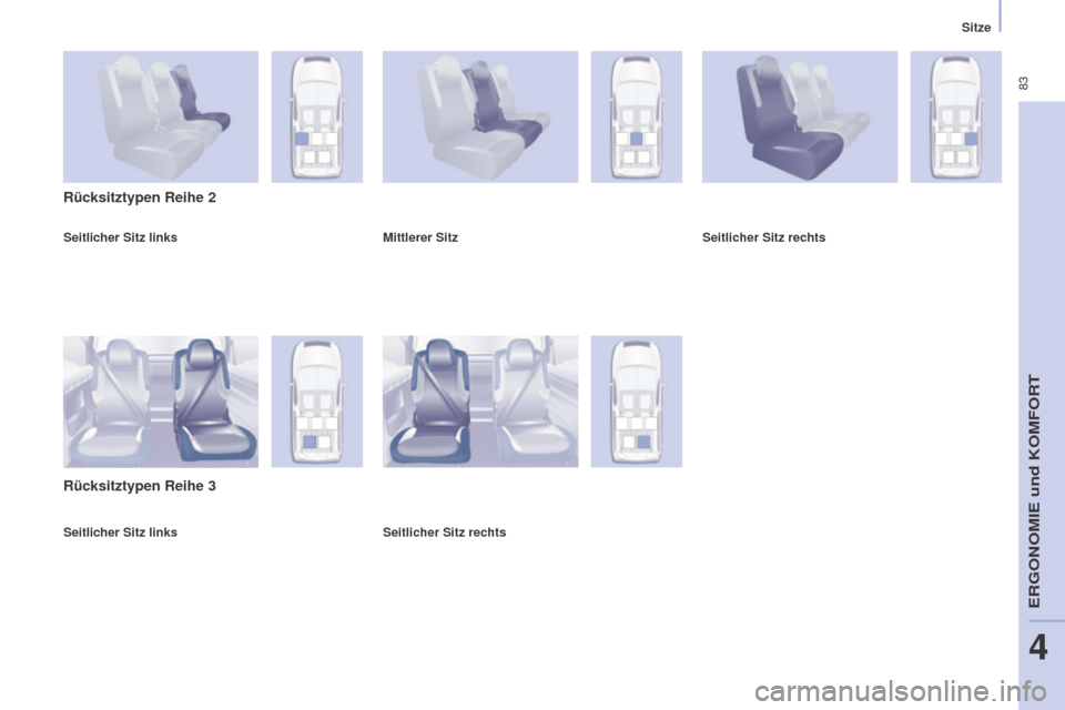 Peugeot Partner Tepee 2015 Betriebsanleitung (in German) 83
Partner-2-VP_de_Chap04_Ergonomie_ed01-2015Partner-2-VP_de_Chap04_Ergonomie_ed01-2015
Seitlicher Sitz links
Rücksitztypen Reihe 2
Rücksitztypen Reihe 3
Mittlerer SitzSeitlicher Sitz rechts
Seitli Peugeot Partner Tepee 2015 Betriebsanleitung (in German) 83
Partner-2-VP_de_Chap04_Ergonomie_ed01-2015Partner-2-VP_de_Chap04_Ergonomie_ed01-2015
Seitlicher Sitz links
Rücksitztypen Reihe 2
Rücksitztypen Reihe 3
Mittlerer SitzSeitlicher Sitz rechts
Seitli