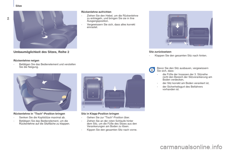 Peugeot Partner Tepee 2015 Betriebsanleitung (in German) 84
Partner-2-VP_de_Chap04_Ergonomie_ed01-2015Partner-2-VP_de_Chap04_Ergonomie_ed01-2015
Rückenlehne neigen
- Betätigen Sie das Bedienelement und verstellen
Sie die Neigung.
Rückenlehne in "T
isch" Peugeot Partner Tepee 2015 Betriebsanleitung (in German) 84
Partner-2-VP_de_Chap04_Ergonomie_ed01-2015Partner-2-VP_de_Chap04_Ergonomie_ed01-2015
Rückenlehne neigen
- Betätigen Sie das Bedienelement und verstellen
Sie die Neigung.
Rückenlehne in "T
isch"