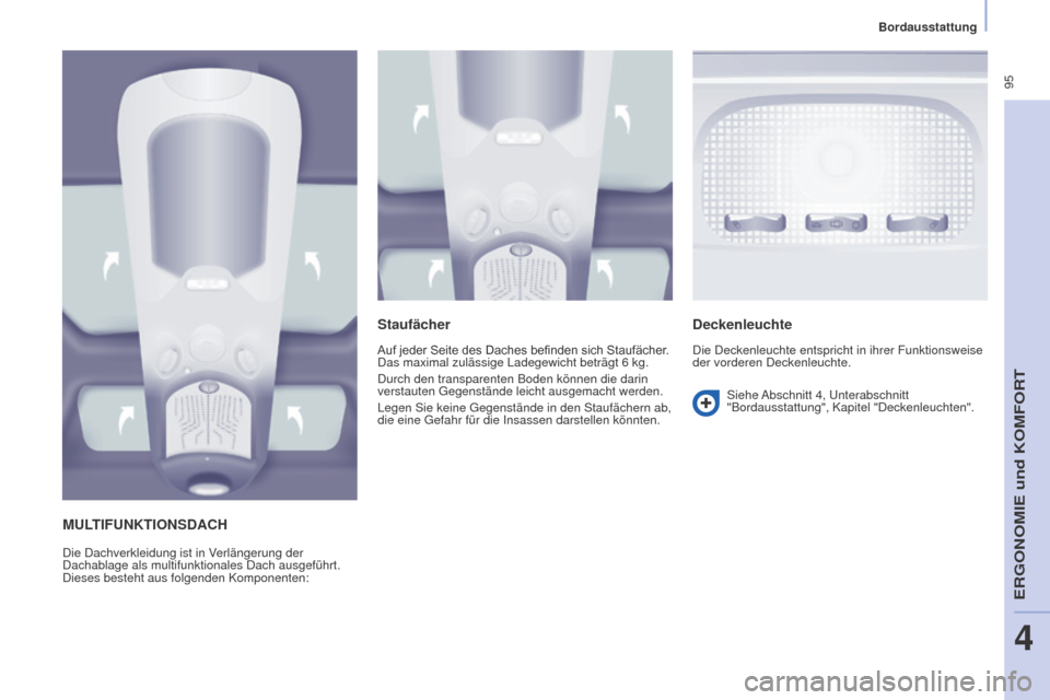 Peugeot Partner Tepee 2015 Betriebsanleitung (in German) 95
Partner-2-VP_de_Chap04_Ergonomie_ed01-2015Partner-2-VP_de_Chap04_Ergonomie_ed01-2015
MULTIFUNKTIONSDACH
Die Dachverkleidung ist in Verlängerung der
Dachablage als multifunktionales Dach ausgefü Peugeot Partner Tepee 2015 Betriebsanleitung (in German) 95
Partner-2-VP_de_Chap04_Ergonomie_ed01-2015Partner-2-VP_de_Chap04_Ergonomie_ed01-2015
MULTIFUNKTIONSDACH
Die Dachverkleidung ist in Verlängerung der
Dachablage als multifunktionales Dach ausgefü