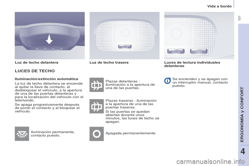 Peugeot Partner Tepee 2015 Manual del propietario (in Spanish) 101
Partner-2-VP_es_Chap04_Ergonomie_ed01-2015Partner-2-VP_es_Chap04_Ergonomie_ed01-2015
Iluminación/extinción automática
La luz de techo delantera se enciende
al quitar la llave de contacto, al Peugeot Partner Tepee 2015 Manual del propietario (in Spanish) 101
Partner-2-VP_es_Chap04_Ergonomie_ed01-2015Partner-2-VP_es_Chap04_Ergonomie_ed01-2015
Iluminación/extinción automática
La luz de techo delantera se enciende
al quitar la llave de contacto, al