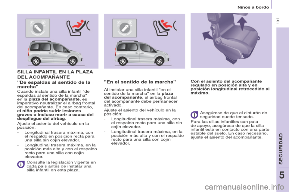 Peugeot Partner Tepee 2015 Manual del propietario (in Spanish) 131
Partner-2-VP_es_Chap05_Securite_ed01-2015
131
Partner-2-VP_es_Chap05_Securite_ed01-2015
SILLA INFANTIL EN LA PLA z A
DEL
ACOMPA ñ ANTE
Consulte la legislación vigente en
cada país ant Peugeot Partner Tepee 2015 Manual del propietario (in Spanish) 131
Partner-2-VP_es_Chap05_Securite_ed01-2015
131
Partner-2-VP_es_Chap05_Securite_ed01-2015
SILLA INFANTIL EN LA PLA z A
DEL
ACOMPA ñ ANTE
Consulte la legislación vigente en
cada país ant