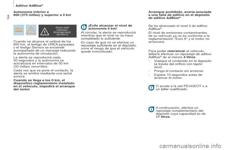Peugeot Partner Tepee 2015 Manual del propietario (in Spanish) 164
Partner-2-VP_es_Chap07_Verification_ed01-2015Partner-2-VP_es_Chap07_Verification_ed01-2015
Cuando se alcanza el umbral de los
600 km, el testigo de UREA parpadea
y el testigo Service se enciend Peugeot Partner Tepee 2015 Manual del propietario (in Spanish) 164
Partner-2-VP_es_Chap07_Verification_ed01-2015Partner-2-VP_es_Chap07_Verification_ed01-2015
Cuando se alcanza el umbral de los
600 km, el testigo de UREA parpadea
y el testigo Service se enciend