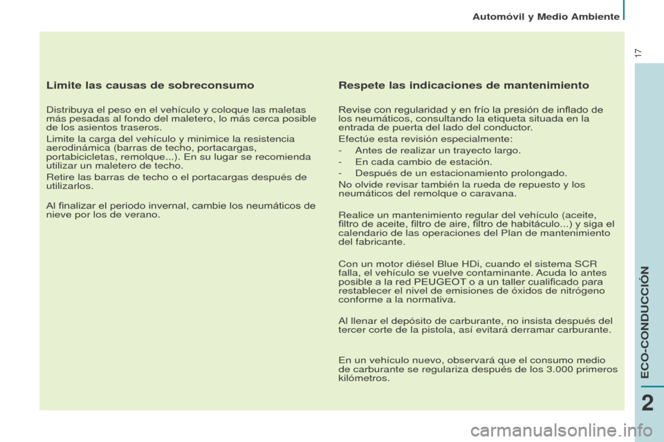 Peugeot Partner Tepee 2015  Manual del propietario (in Spanish) 17
Partner-2-VP_es_Chap02_eco-conduite_ed01-2015
Limite las causas de sobreconsumo
Distribuya el peso en el vehículo y coloque las maletas 
más pesadas al fondo del maletero, lo más cerca posible 
